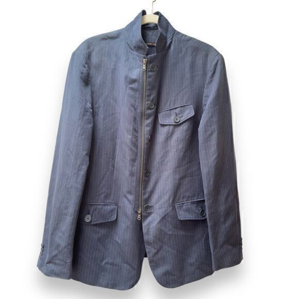 John Varvatos Star USA 5 Pocket Zip Button Linen Blue PinStripe Blazer Jacket 42